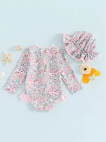 Ensemble de maillot de bain anti-éruptions cutanées pour bébé fille à manches longues avec imprimé floral, maillot de bain pour bébé avec chapeau de soleil et nœud papillon, 2 pièces
