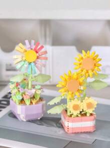Variedad De Flores De Bloques De Construcción En Miniatura Con Macetas De Plástico, Incluidos Girasoles Y Rosas - Divertido - Ideal Para Decoraciones De Interiores Del Hogar, Regalos De Inauguración De Casa - Plantas en macetas con bloques de construcción de micropartículas. - Ver 4