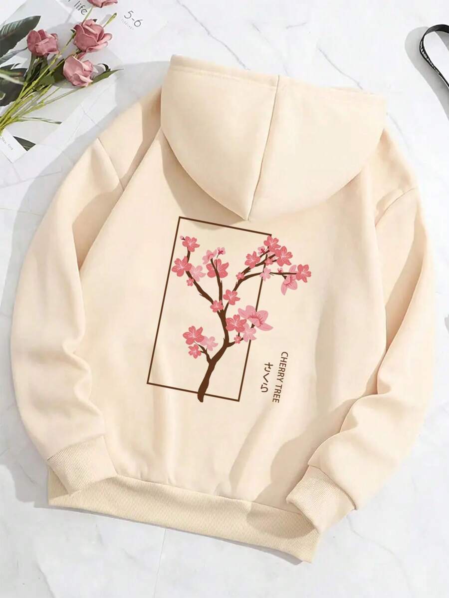 Capucha con estampado floral y letra con cordón con forro térmico - Albaricoque - Ver 1