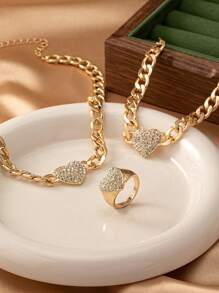 3 件套时尚优雅水钻心形吊坠项链、手链、戒指套装，适合女性日常、派对、节日装扮、礼物 - 金黃色 - 查看 2