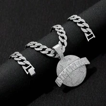 1pc Hip-Hop Style Alloy Circle Pendant Necklace With Letter & Rhinestone Detail, Unique Personalized Link Jewelry Accessory For Nightclub Party - Hip Hop Pendant - View 21