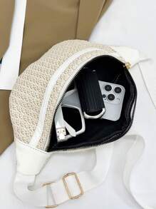 1個純色草編女式胸包 - 米色 - 查看 6