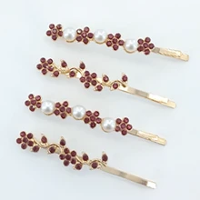 1pc Gold-Color Metal Crystal Rhinestone Leaf Hair Clip, High-Quality Pearl Flower Side Bangs Hairpin, Elegant And Charming Accessory - Black and White - View 3