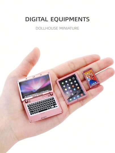 圣诞装饰 3 件 1:12 比例微型金属智能手机、平板电脑、笔记本电脑、耳机、电视和其他数码设备、娃娃屋家具配件（什锦）