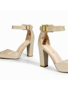 Women's Chunky High Heels Pumps Ankle Strap Closed Pointed Toe Elegant Fashionable Comfortable Dating Wedding Party Dress Shoes - 金色 - 查看 8