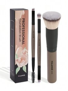 MAANGE 3 Stück professionelles Gesichtsbürsteset mit Transportkoffer, Foundation Pinsel, Wimpern- & Augenbrauenpinsel, Blending- & Lidschattenpinsel, Make-up Werkzeuge mit weichen Fasern für einfachen Transport, Pinsel für unterwegs