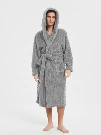 1pc Winter Warm Fleece Jacquard Unisex Hooded Bathrobe