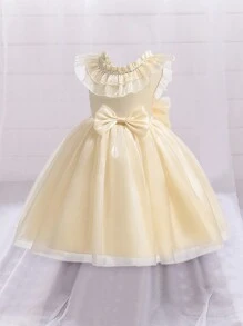 Young Girl Bow Decor Tulle Sweet & Cute Party Dress, Suitable For Parties And Birthdays - Champagne - View 3