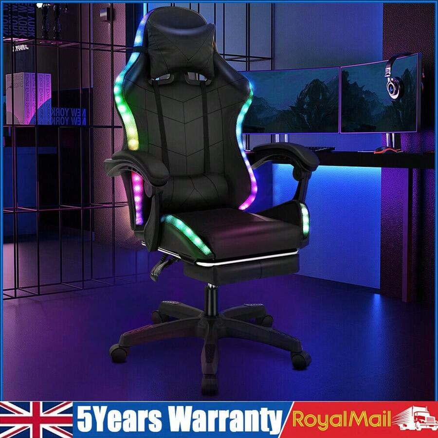 OYAJIA RGB Gaming Chair With LED Lights And Footrest Ergonomic Computer Gaming Chair With High Back Video Game Chair With Adjustable Lumbar Support, Black