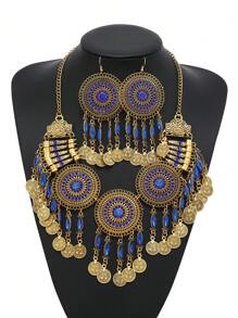 1PC Thời Trang Vintage Nhiều Lớp Rỗng Hình Học Đồng Xu Tua Rua Vòng Cổ, Bao Gồm 2 Bông Tai Dành Cho Nữ - Loại bướm - Xem 2