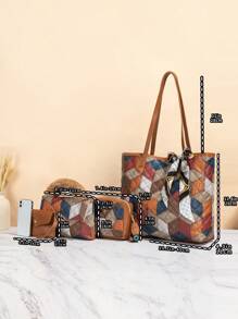 4 件套格子手提包套装，书包套装，便携，经典休闲，商务休闲，适合青少年女孩、女大学生、白领、大学，非常适合办公室、小学，适合学校、大学和旅行的理想书包套装