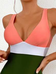 新款女士泳衣性感拼色比基尼連體泳裝，適合海灘度假和游泳 - 彩色 - 查看 4