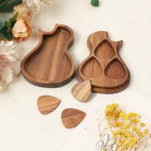 One Set Wooden Guitar Picks With Pick Holder Box, Simple Wood Guitar Plectrum Storage Case - Beige - View 1