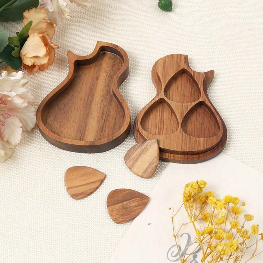One Set Wooden Guitar Picks With Pick Holder Box, Simple Wood Guitar Plectrum Storage Case - Beige - View 1