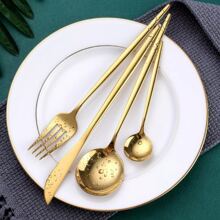 24 piezas Juego de cubiertos de acero inoxidableestilo portugués mate, incluye cuchillos para filete, tenedores de cena, cucharas de cena y cucharas de té, Cocina, Navidad - Dorado - Ver 8