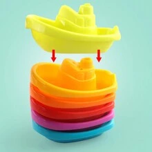 6 pièces/set Jouets de bain empilables arc-en-ciel colorés, navire et tasse, jouets éducatifs de puzzle pour le jeu de baignoire de bébé