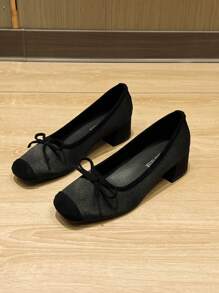 Square Toe Chunky Heel Women Shoes, Versatile Bow Tie Flats, Fashionable Slip-On Shoes, Black High Heels, Women's High Heel Pumps, One Size Larger