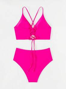 Women's Sexy Cross Back Straps Beachwear, Fashionable High Waist Solid Color Pleated Bikini, 2pcs/Set Summer - Hot Pink - View 2