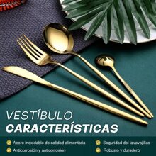 24 piezas Juego de cubiertos de acero inoxidableestilo portugués mate, incluye cuchillos para filete, tenedores de cena, cucharas de cena y cucharas de té, Cocina, Navidad - Dorado - Ver 5