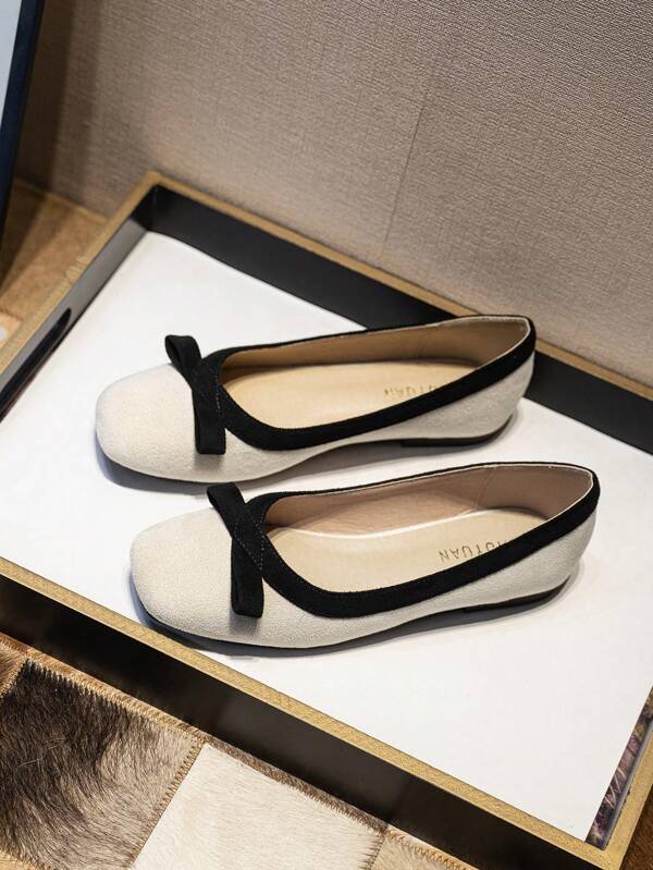 Square Toed Bow Knot Low Vamp Ballet Flats Women Flat Spring New Granny Shoes Large Size Boat Shoes Ladle Shoes