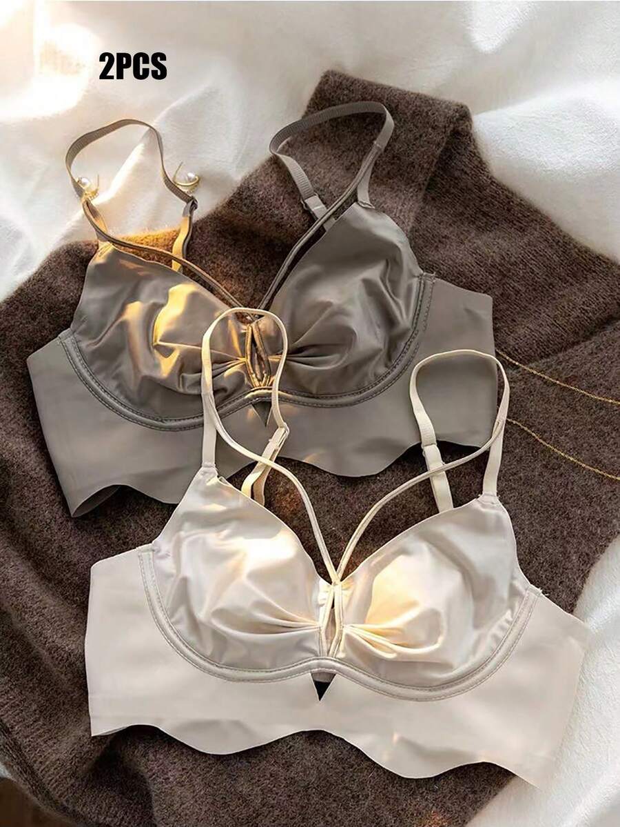 2入組女士超薄、涼爽材質、隱形、性感背部、無鋼圈胸罩，可使大胸部看起來更小，適用於夏季 - 彩色 - 查看 1