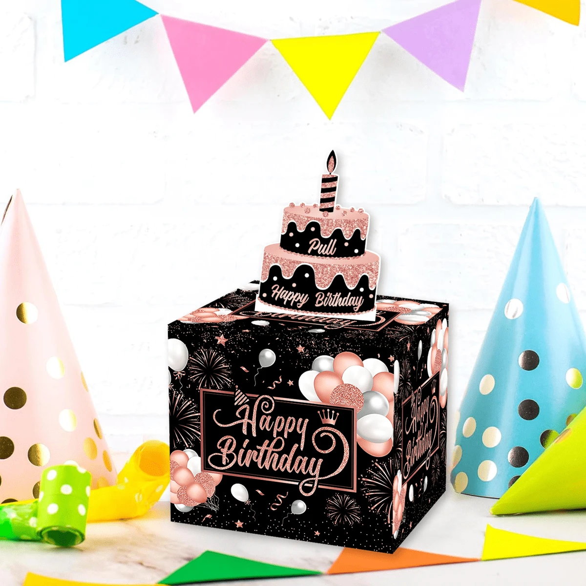 Birthday gift trolley money box black rose gold surprise money box