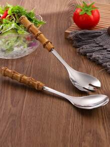 1pc/2pcs Stainless Steel Natural Bamboo Handle Salad Spoon And Fork, Large Size Serving Spoon And Fork Set - Silver - View 5