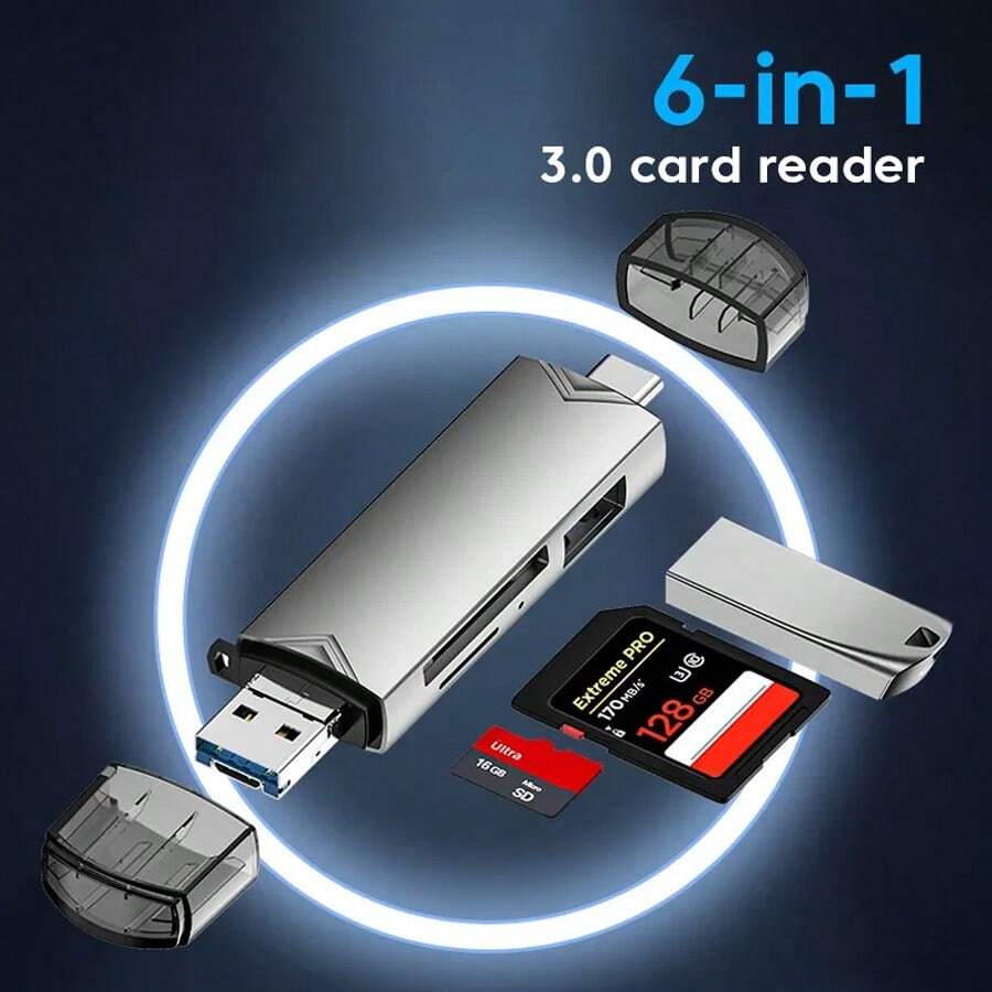 6-In-1 Otg Sd Tf Card Reader High-Speed Transfer Adapter Usb Flash Drive Adapter C-Type Usb3.0 Micro Usb Multi-Function Aluminum Alloy Card Reader - Black - View 1