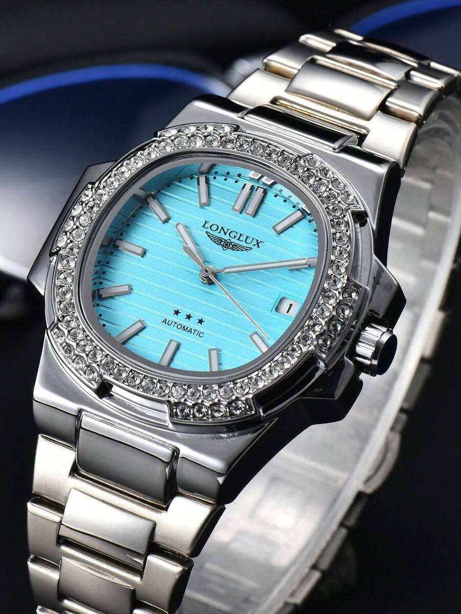 LONGLUX 1pc Men's Waterproof Automatic Mechanical Calendar Watch, Stainless Steel Band With Butterfly Clasp & Decorative Diamonds, Business Style