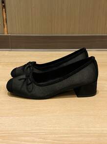 Square Toe Chunky Heel Women Shoes, Versatile Bow Tie Flats, Fashionable Slip-On Shoes, Black High Heels, Women's High Heel Pumps, One Size Larger