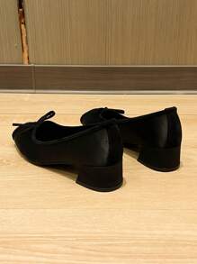 Square Toe Chunky Heel Women Shoes, Versatile Bow Tie Flats, Fashionable Slip-On Shoes, Black High Heels, Women's High Heel Pumps, One Size Larger