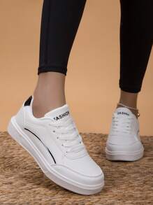 Novo Chegada Tênis Casual Feminino E Plano, Tamanho Grande, Sapatos Esportivos, Tênis Branco - Branco - Visão 3
