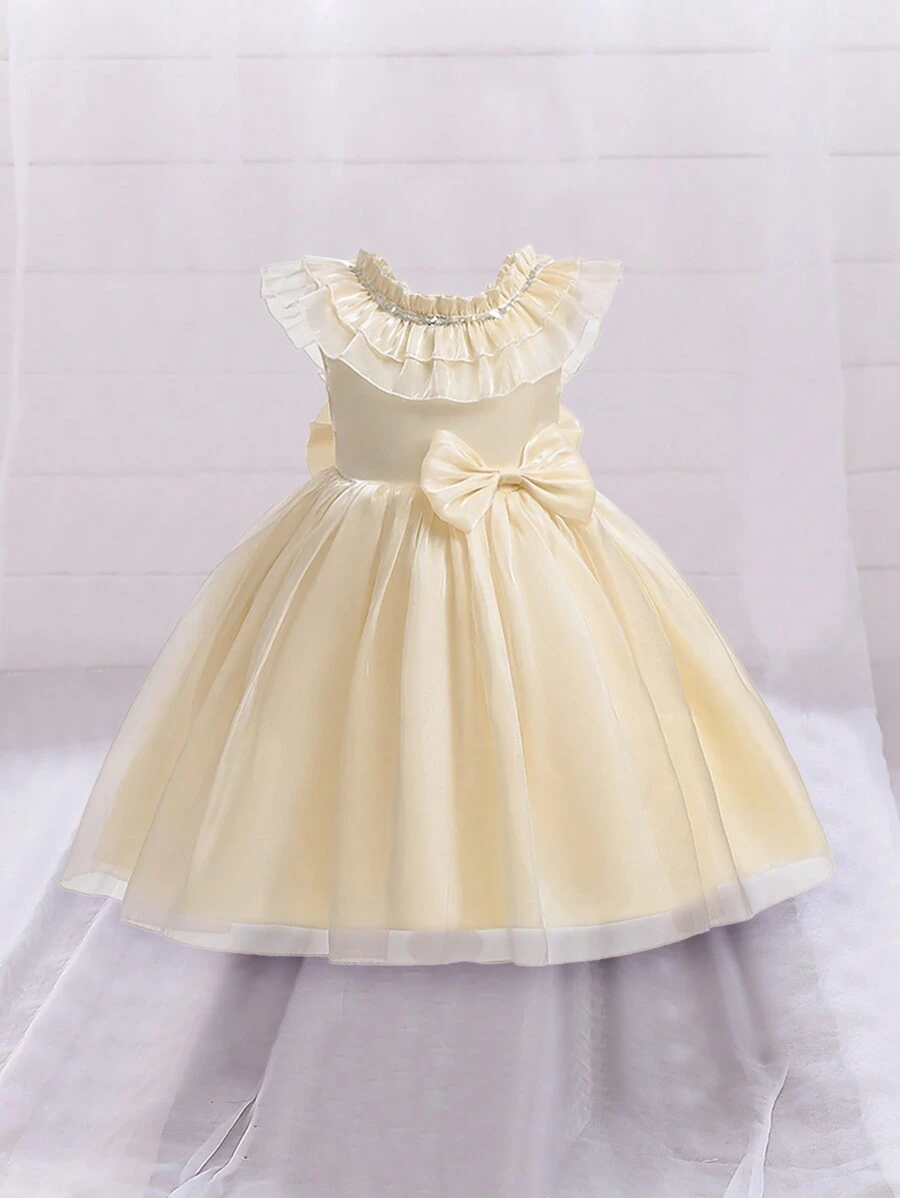 Young Girl Bow Decor Tulle Sweet & Cute Party Dress, Suitable For Parties And Birthdays - Champagne - View 1
