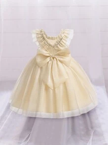 Young Girl Bow Decor Tulle Sweet & Cute Party Dress, Suitable For Parties And Birthdays - Champagne - View 2