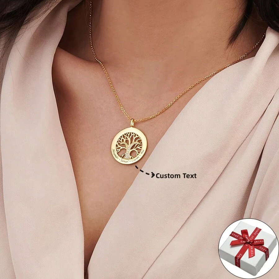 Customized Personalized Stainless Steel Name Engraving Pendant Necklace With Family Tree & Letter Charm, Embellished With Rhinestone, Ideal Jewelry Gift For Family