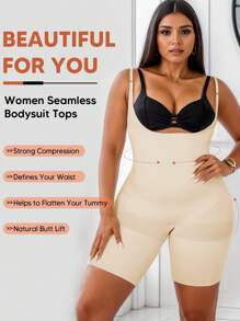 1件女性開放胸部雕塑控制腹部舉臀緊身連體褲,大腿收腹中長款塑身衣 - 米色 - 查看 1