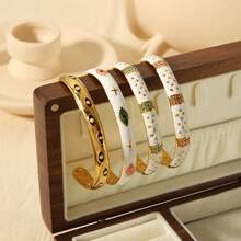 1pc Personalized Fashionable Vintage Enamel Stainless Steel Open Bangle For Women, Gift - Gold - View 2