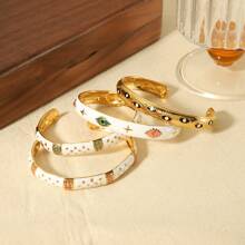 1pc Personalized Fashionable Vintage Enamel Stainless Steel Open Bangle For Women, Gift - Gold - View 1