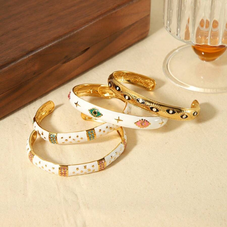 1pc Personalized Fashionable Vintage Enamel Stainless Steel Open Bangle For Women, Gift - Gold - View 1