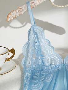 2pcs Sexy Lace Slip Dress Set, Discounted Price, Seductive Spaghetti Strap Nightgown, Backless Teddy V-Neck Sleepwear, Romantic Couple Bedroom Lingerie - Baby Blue - View 8