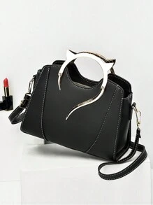 PLANEE Women's Cat Decor Top Handle Bag, Faux Leather Shoulder Bag, Top Handle Wallet, Square Shape Metallic Decor Tote Bag, Cute And Elegant Ladies' Crossbody Bag, Shoulder Bag For Office And Work, Mother Day Gifts, Mom Gifts, Mommy's EssentialsMommy Bag For Going Out, Best Mother's Day Gift Ideas