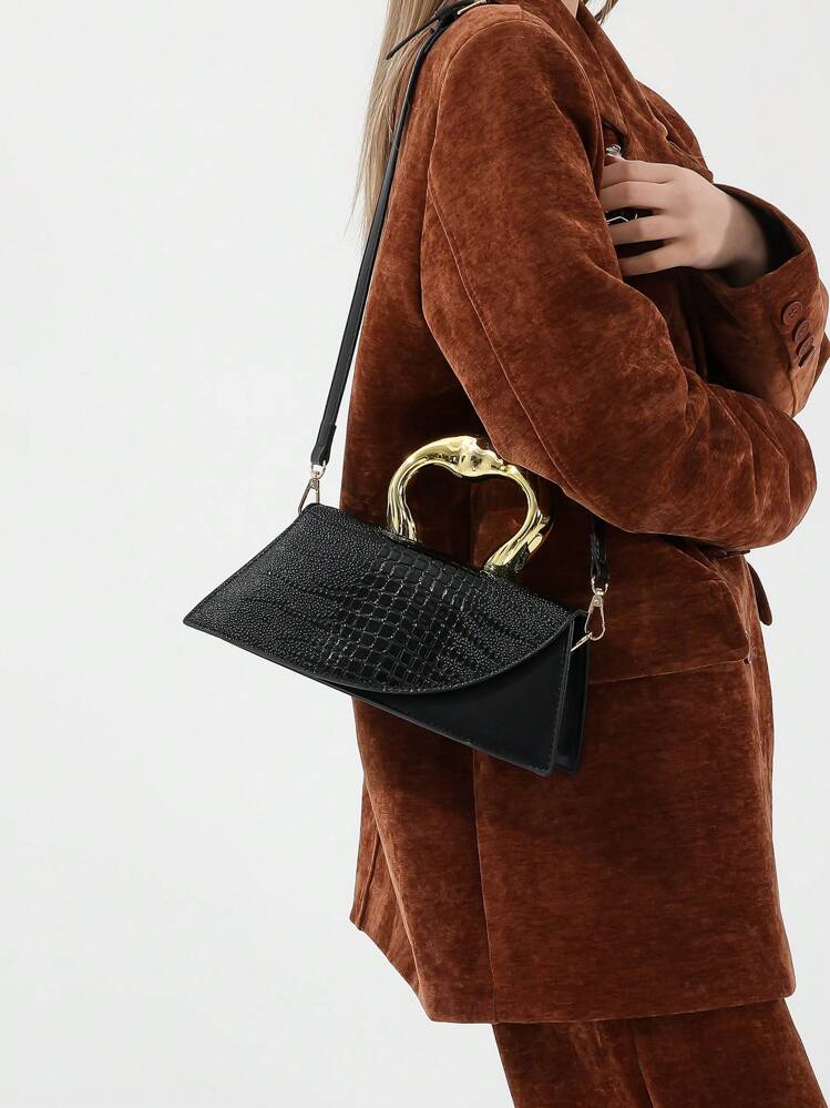 1pc Black Fashionable Crocodile Pattern Handbag, Shoulder & Crossbody Bag With Flap, Suitable For Smartphone, Fashionable, Solid Color, Vintage For Women, Suitable For Shopping, Commuting & Evening Party Valentines - Black - View 5