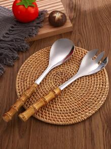 1pc/2pcs Stainless Steel Natural Bamboo Handle Salad Spoon And Fork, Large Size Serving Spoon And Fork Set - Silver - View 3