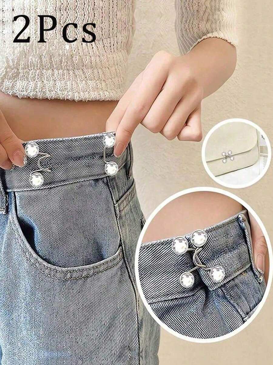 2入組圖案可調節可拆式按扣金屬褲鈕扣，腰部緊繃器，男女牛仔布鈕扣不需要縫製，適用於服裝牛仔褲按鈕調節牛仔裙腰部按鈕，時尚可拆卸褲夾，包配件 - 白色 - 查看 1
