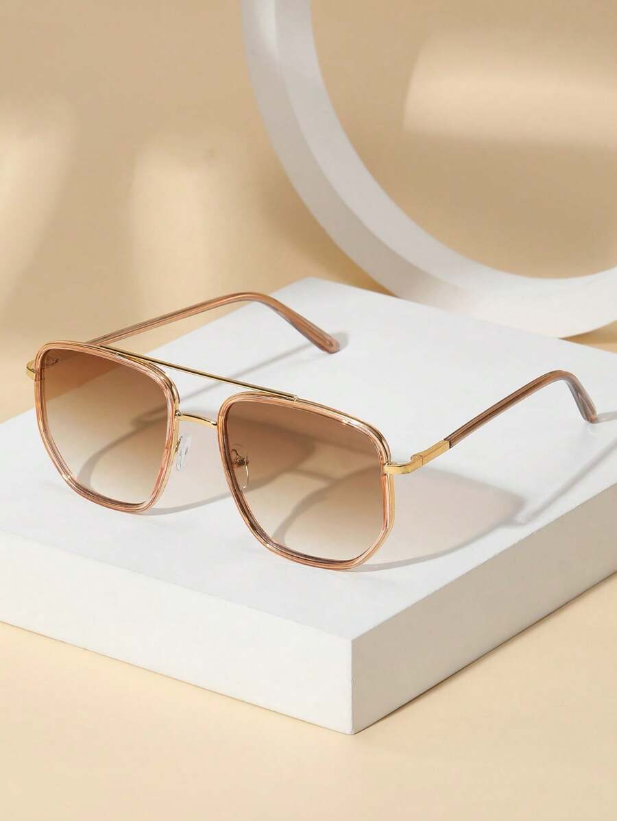 Gafas De Sol Unisex Cuadradas De Aviador De Metal - Champán - Ver 1
