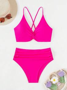 Women's Sexy Cross Back Straps Beachwear, Fashionable High Waist Solid Color Pleated Bikini, 2pcs/Set Summer - Hot Pink - View 1