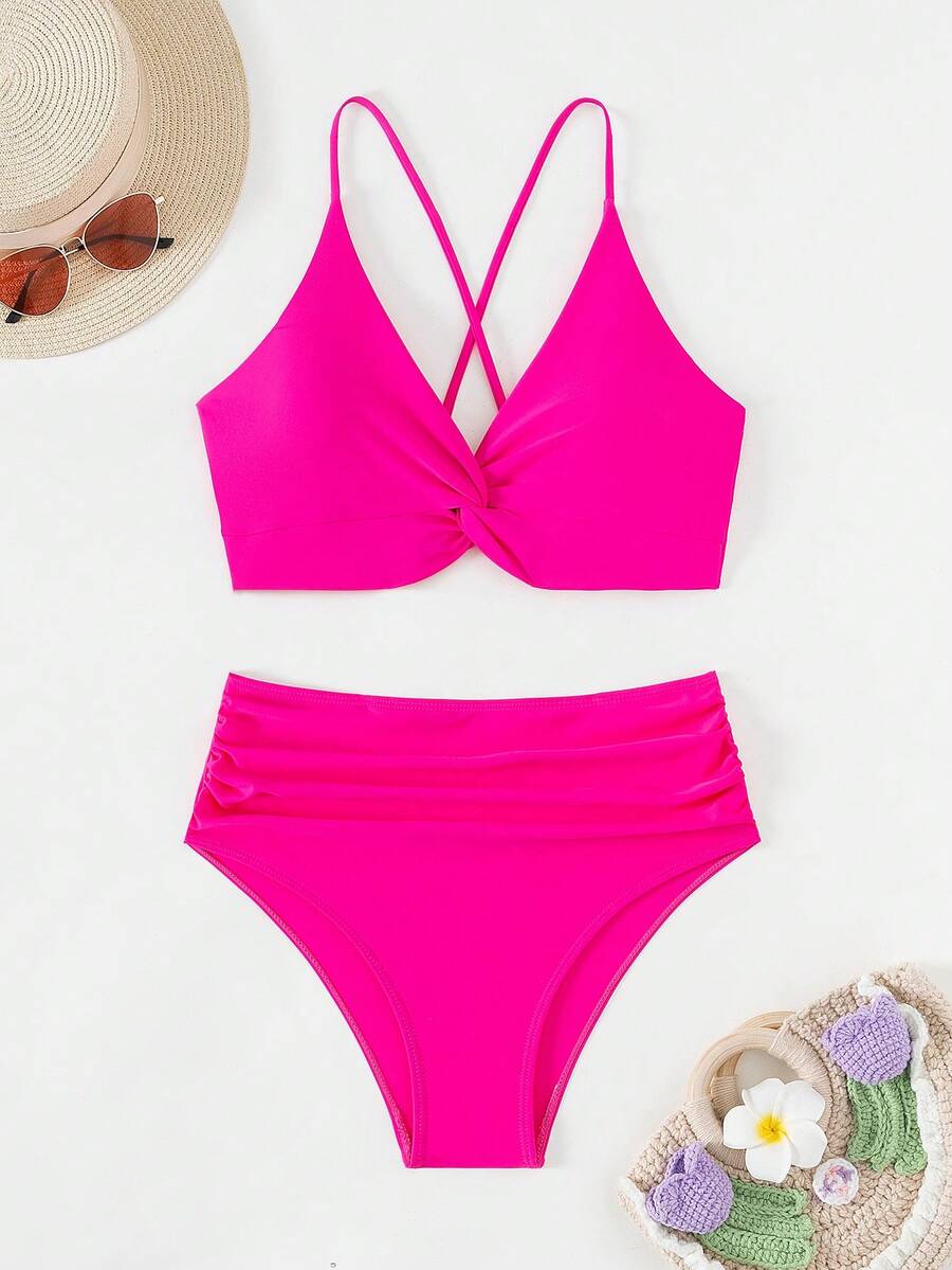 Women's Sexy Cross Back Straps Beachwear, Fashionable High Waist Solid Color Pleated Bikini, 2pcs/Set Summer - Hot Pink - View 1