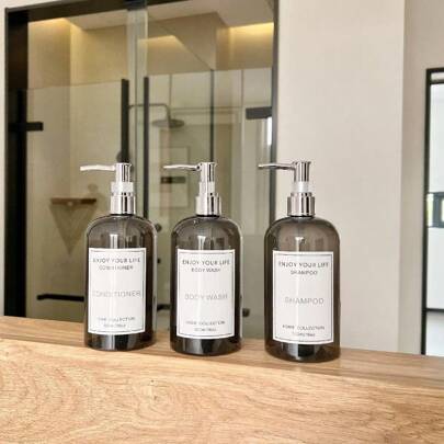 Set Of 3 Translucent Black Shoulder Press Refillable Bottles For Bath And Shower, With Waterproof Label Sticker, Suitable For Shampoo, Shower Gel, Conditioner, Body Lotion, And Facial Cleanser, Equipped With ABS Electroplating Pump Head, Perfect For Home Decoration And Bathroom Accessories Home Bathroom Decor Fall Decor Back To School