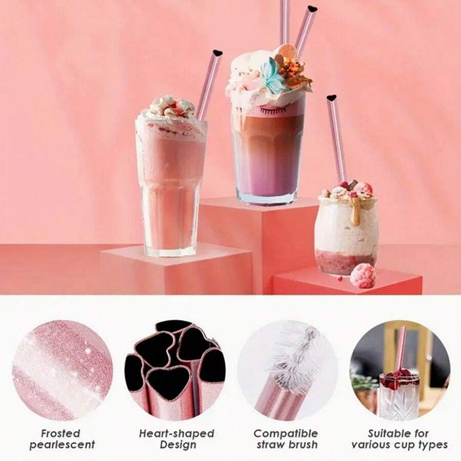 2pcs/Set Stainless Steel Straw, Romantic Heart Design Drinking Straw