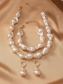 1pc Geometric Shaped Faux Pearl Chain Necklace, 1pc Faux Pearl Chain Bracelet, 1pair Faux Pearl Dangle Earrings Set For Elegant Women As Gift - White - View 6